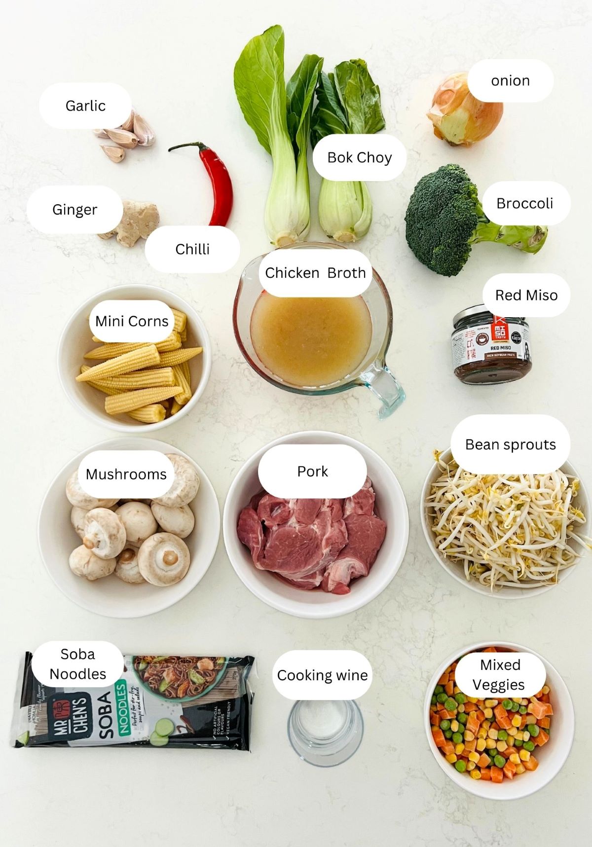 Fresh ingredients for pork noodle soup displayed on a table, including pork, bok choy, noodles, and aromatics, showcasing a variety of proteins and veggies.