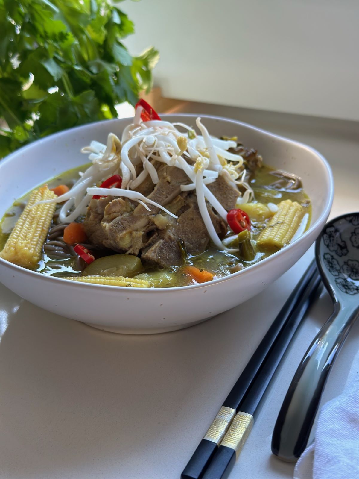 Colourful pork noodle soup with leafy greens and vegetables in a rich bone broth, highlighting its comforting and nutritious qualities.